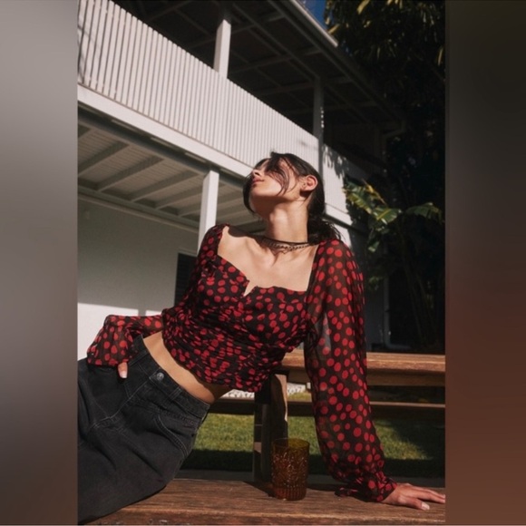 New Free People Red Black Parka Top Retro Style Smocked Crop Valentine - Picture 5 of 8